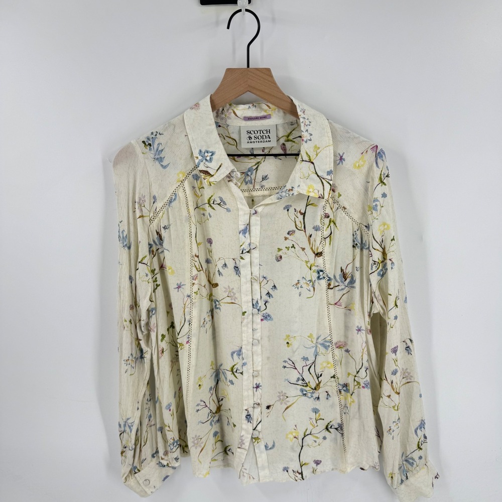Scotch & Soda Floral Button Down Blouse Cream XL Boho Cottagecore Botanical